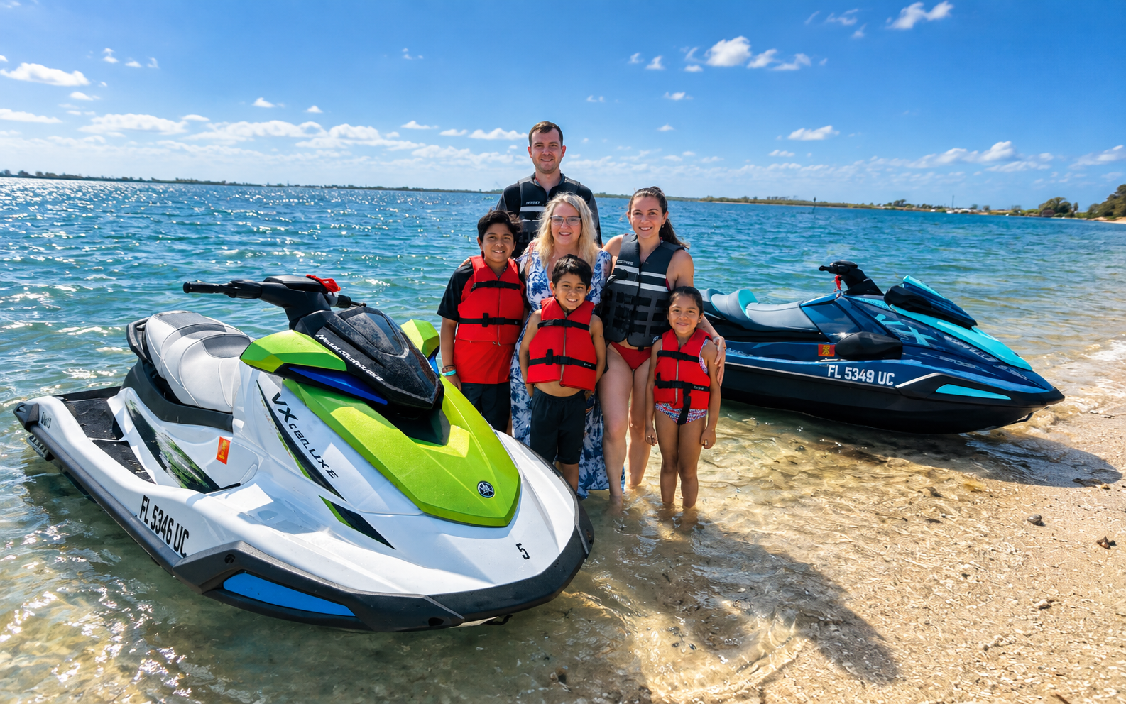 Family enjoying jet skis on Gulf Coast water near Cortez
