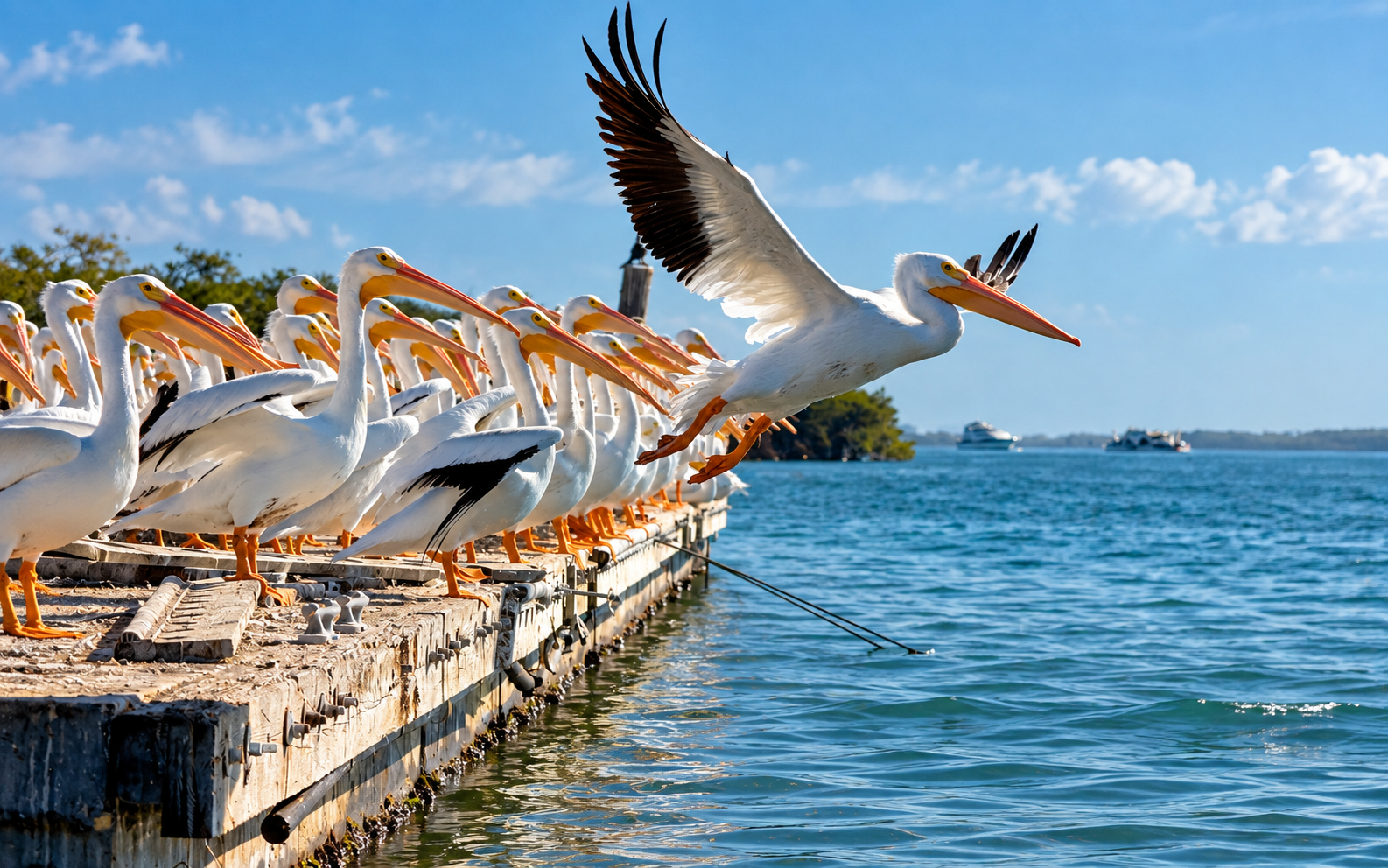 Pelicans gathered by the water during a local tour
