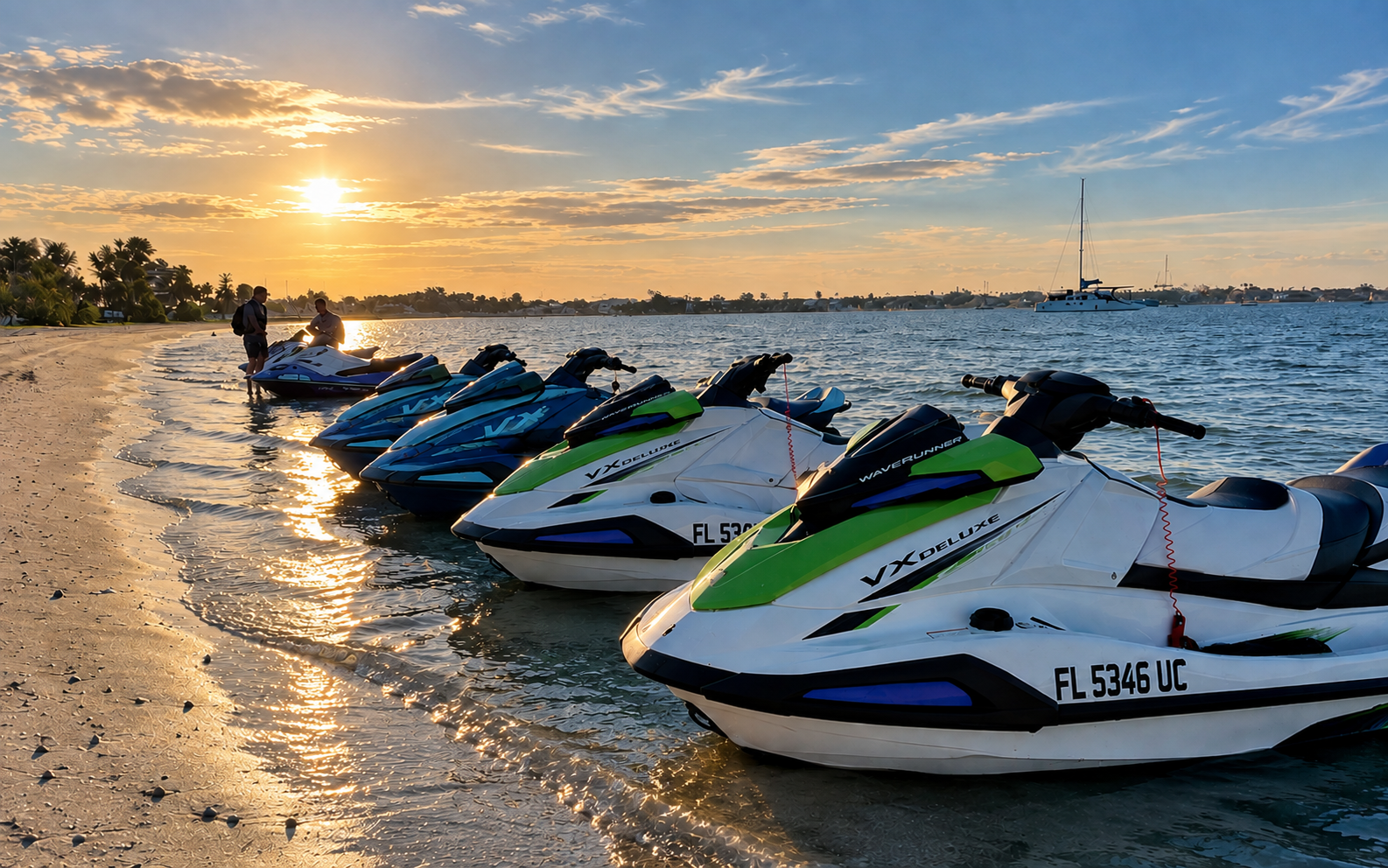Jet skis ready for a Gulf Coast ride at sunset