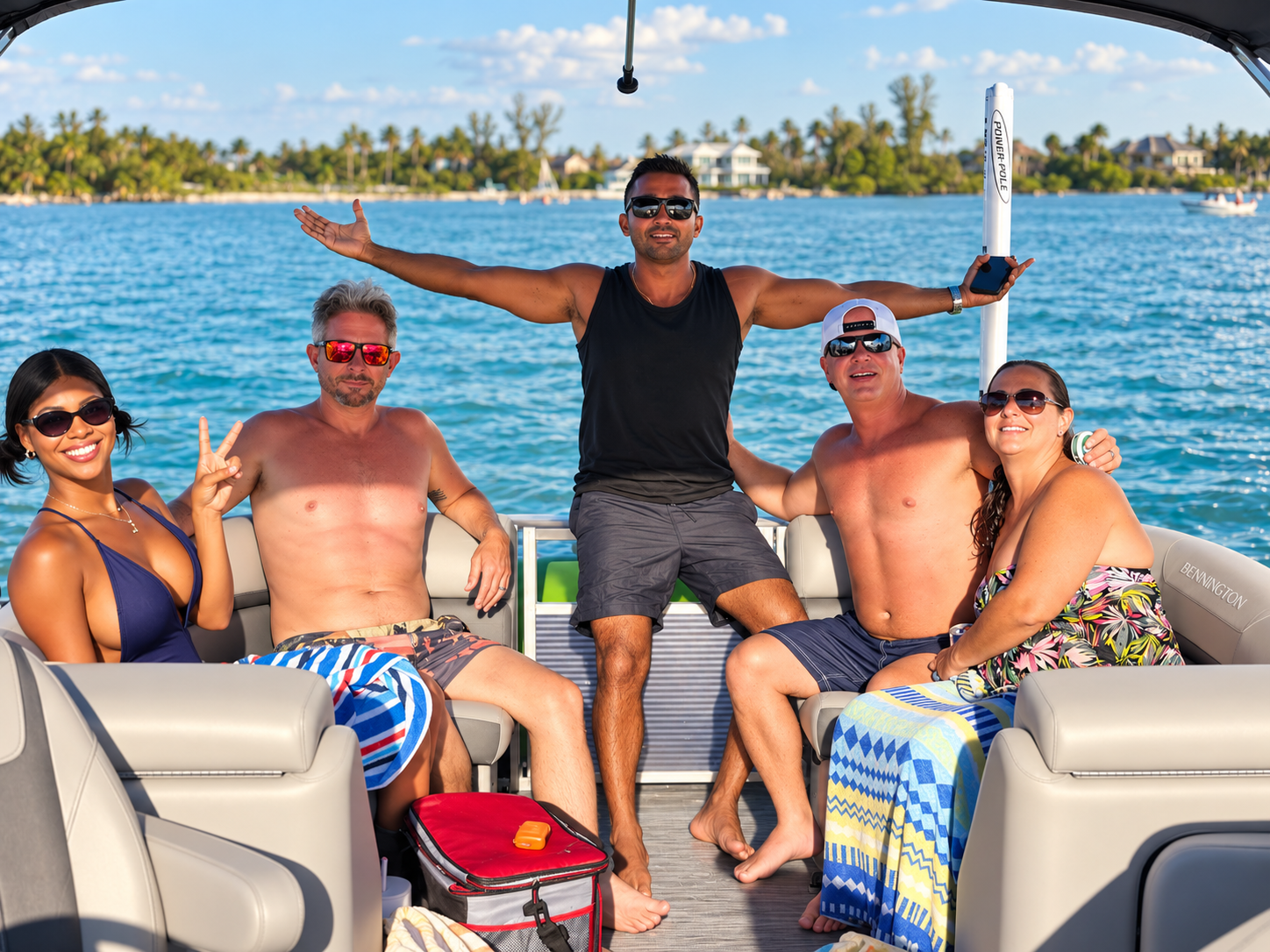 Guests smiling with their group on a pontoon boat